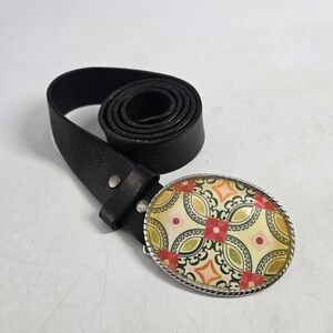 Black Leather Belt with Multicolor Patterned Buckle 36W
